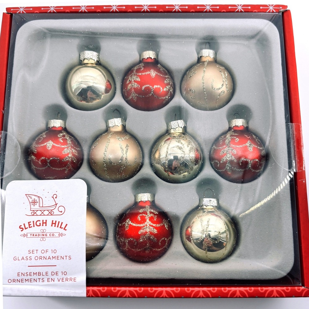 Sleigh Hill Set of 10 Mini Blown Glass Christmas Ornaments Red GoldGlitter 1.25"